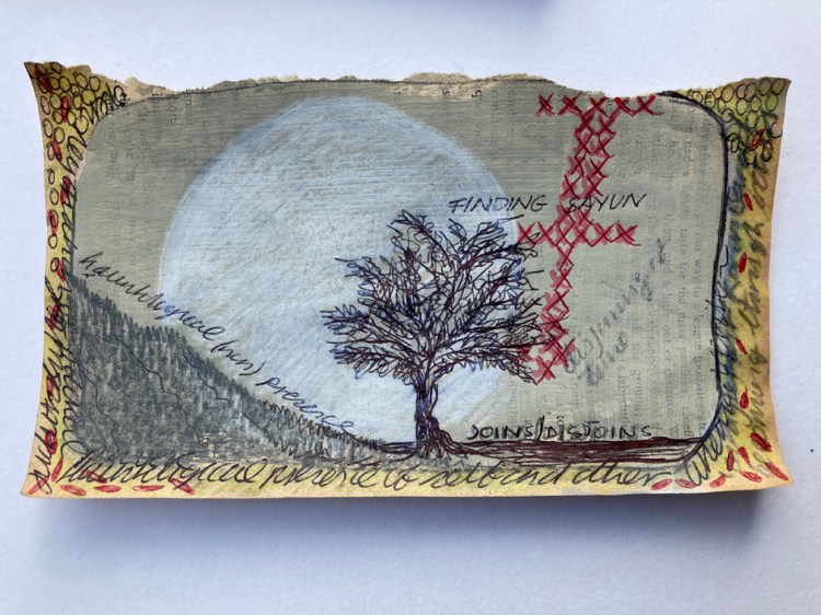 Drawing of a leafless tree with a full moon rising behind it