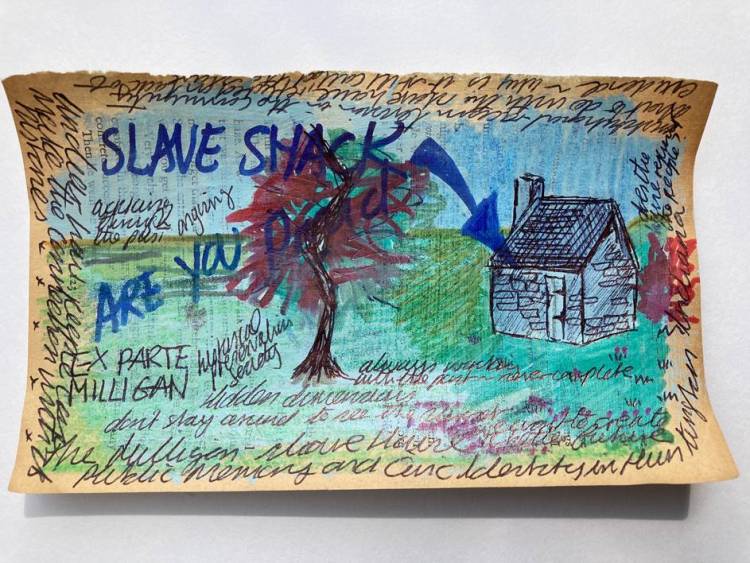 Drawing showing a small house, a tree, and the words "Slave Shack"