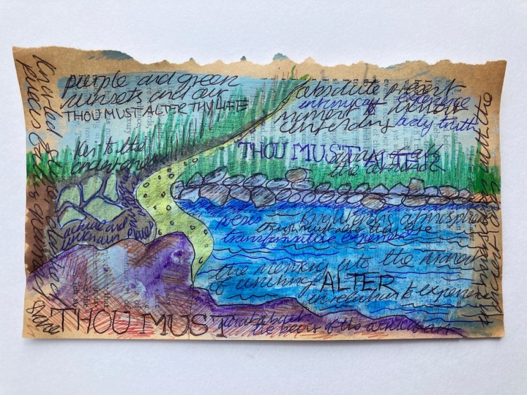 Drawing showing water, a rocky bank, and the words "Thou Must" several times