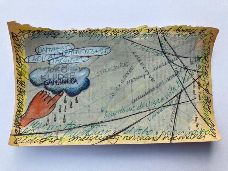 Drawing showing crisscrossed lines and a finger poking a rain cloud