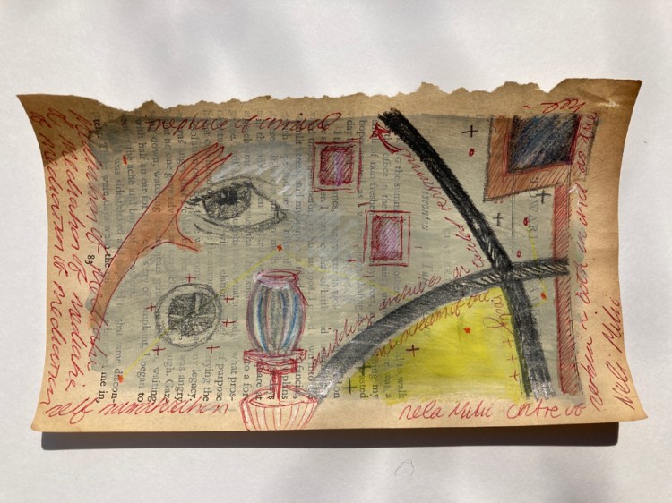 Drawing of a room with pictures and a big eye on the wall