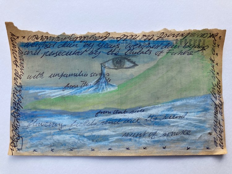 Drawing of water against a bank with a giant eye in the sky