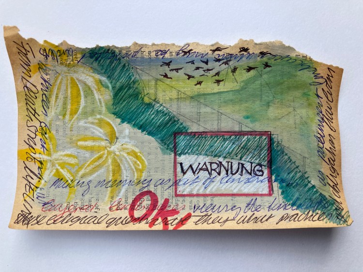 Drawing showing birds, plants, a fence, and the word "warning" in German.