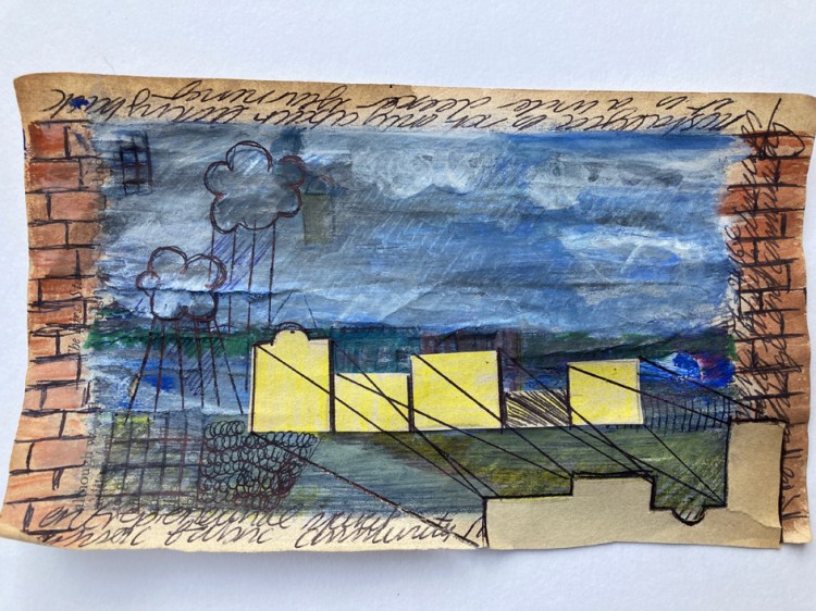 Drawing of tombstones against a flat landscape and sky